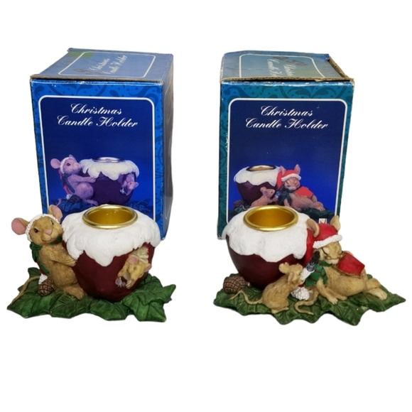 Vintage Christmas Mice Candle Holder Set of 2  Taper Candle Holiday Decor 2.0" - Picture 1 of 8
